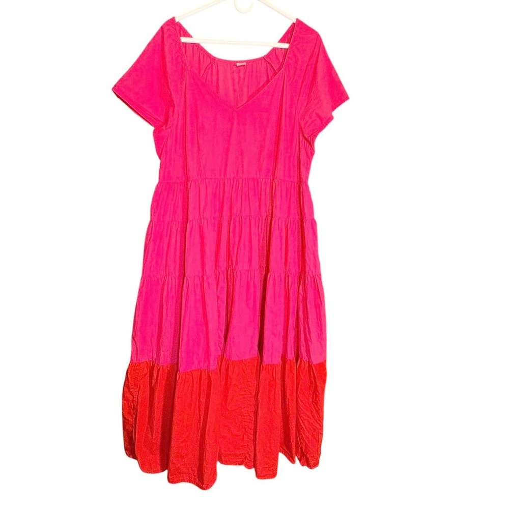 Peyton & Parker Tiered Dress 1XLPink Red Good Colorblock V-Neck Short Sleeve